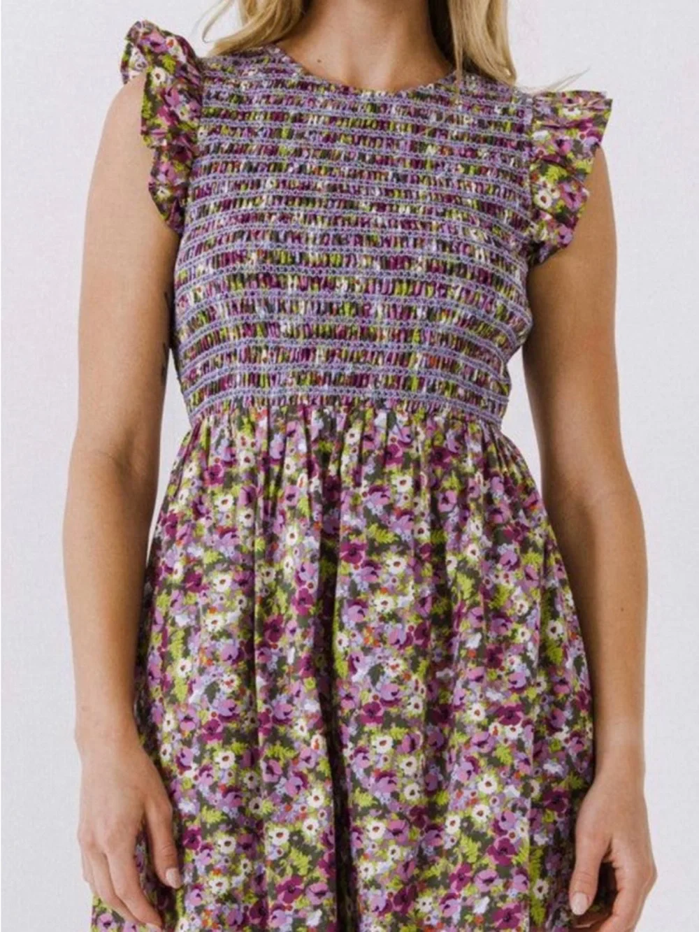 NWT English Factory Floral Smocked Midi Dress - XS purple multi - Picture 2 of 8